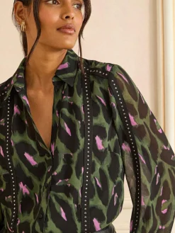 Sale Love & Roses Petite Button Through Long Sleeve Shirt Khaki Green