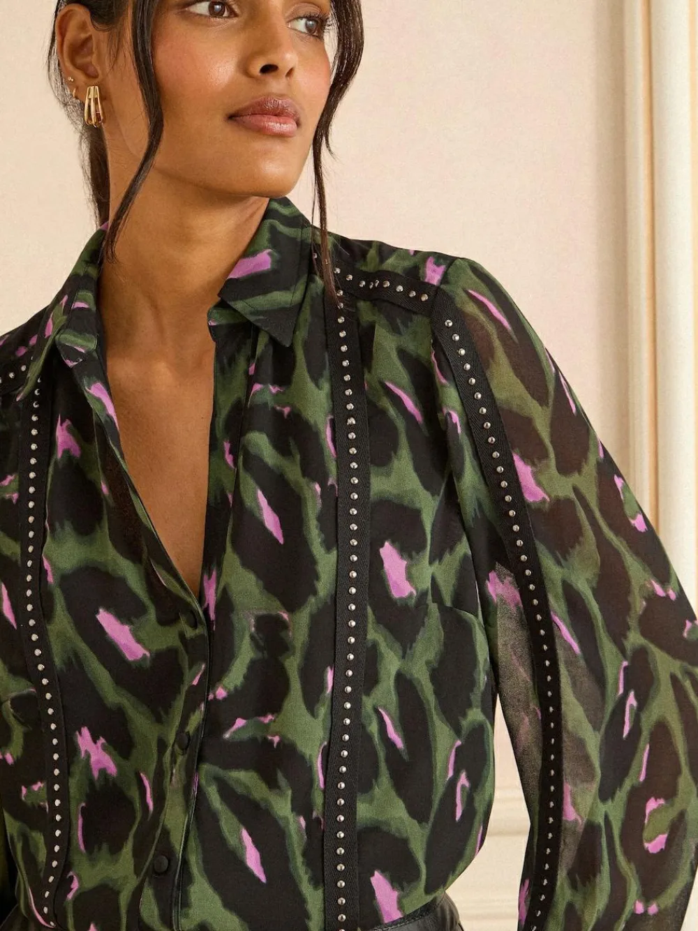 Sale Love & Roses Petite Button Through Long Sleeve Shirt Khaki Green