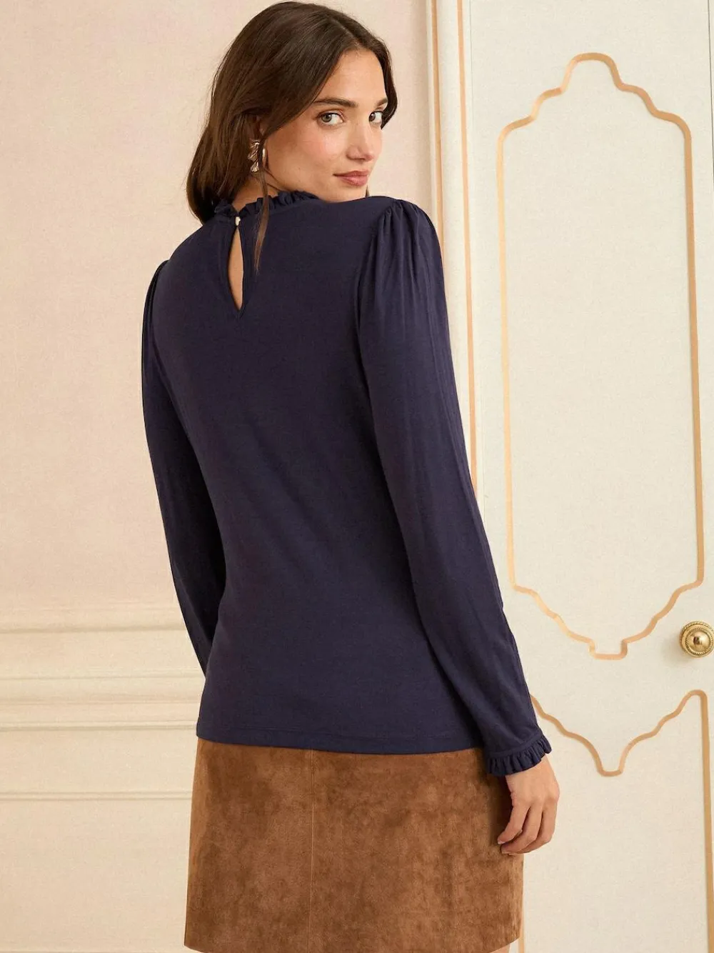Love & Roses Navy Frill Neck Long Sleeve Jersey Top^Women Blouses & Shirts