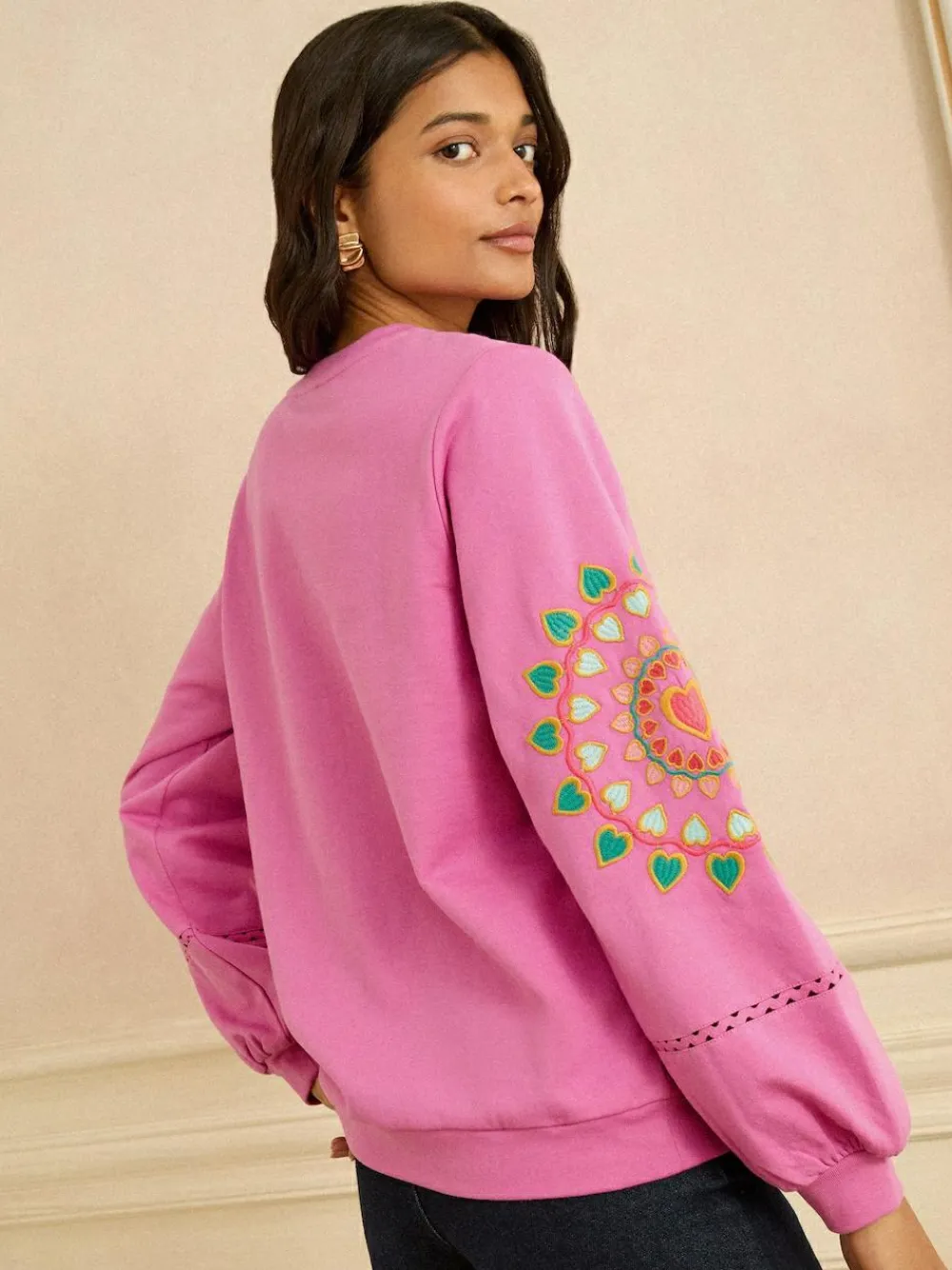 Discount Love & Roses Pink Heart Ric Rac Embroidered Sweat Top