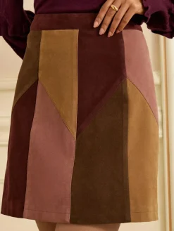 New Love & Roses Tan Brown and Pink Faux Suede Patchwork Mini Skirt