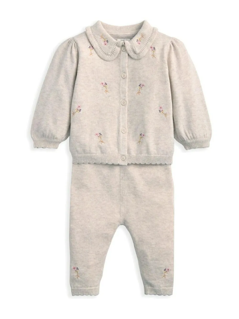 Best Mamas & Papas Brown Embroidered Knit Cardigan & Leggings Set with Scallop Detail