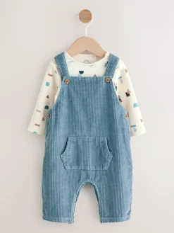 Next Mid Blue Cord Dungarees and Bodysuit Set (0mths-2yrs)^BOY Newborn Clothing|Sets & Co-Ords