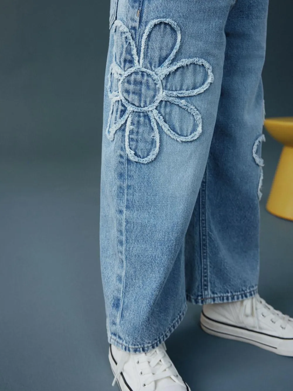 Best Next Mid Blue Floral Appliqué Wide Leg Jeans (3-16yrs)