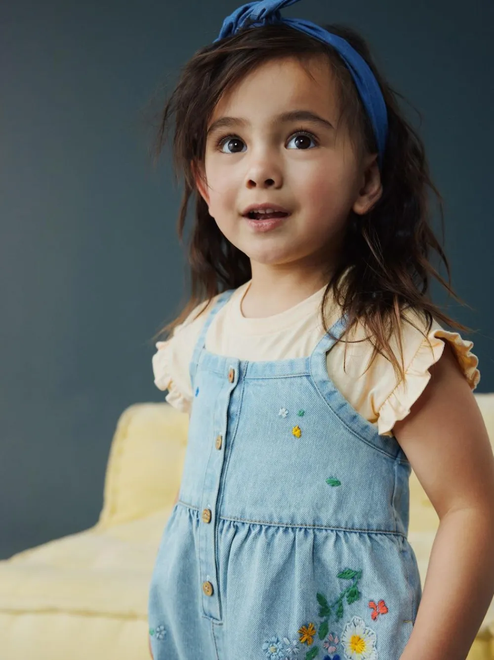 Next Mid Blue Floral Embroidered Denim Playsuit and T-Shirt (3mths-7yrs)^ Sets & Co-Ords|Sets & Co-Ords