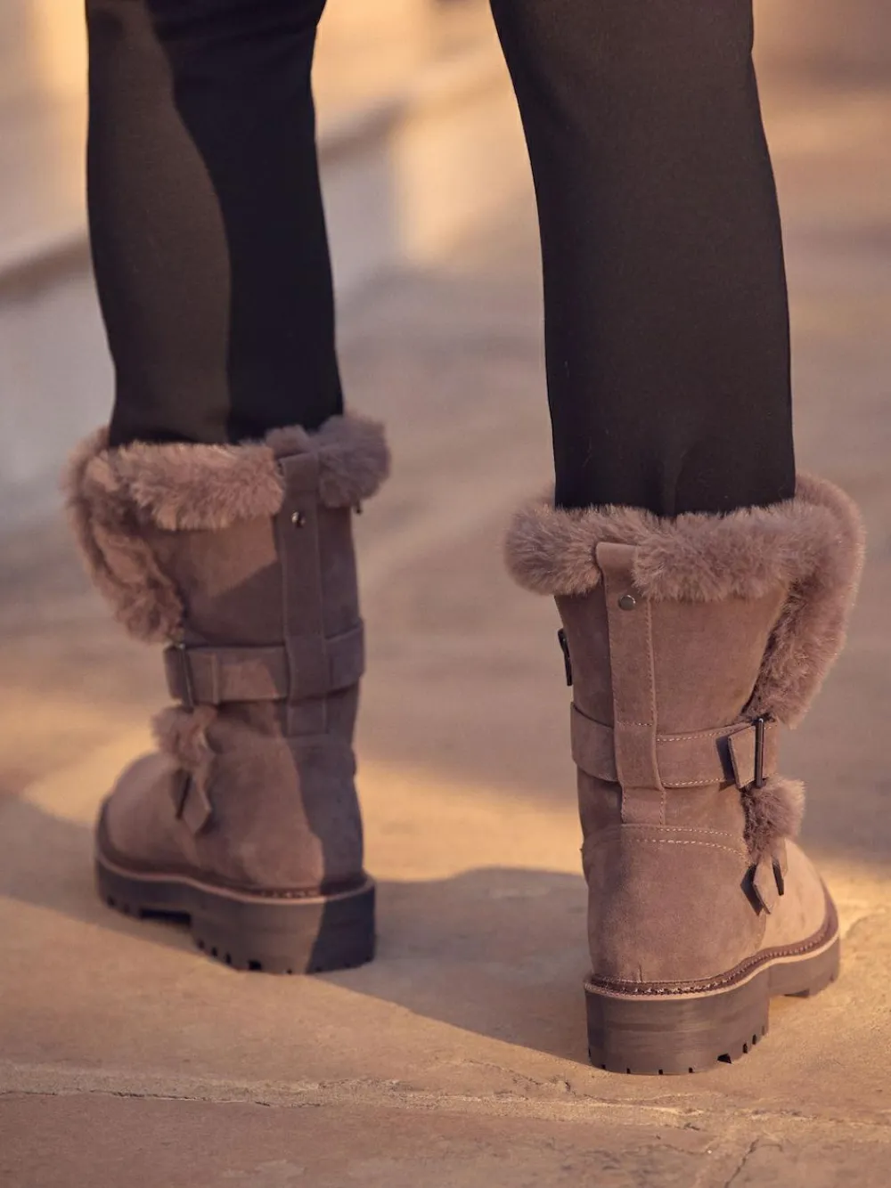 Sale Next Mink Brown Faux Fur Double Buckle Ankle Boots