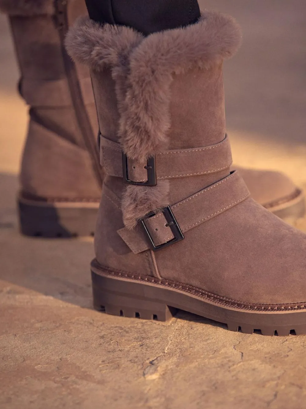 Sale Next Mink Brown Faux Fur Double Buckle Ankle Boots