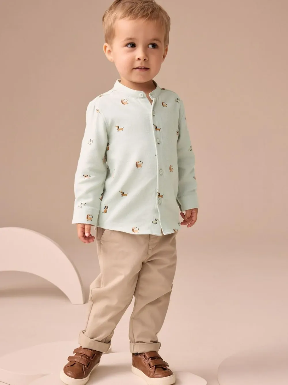 Sale Next Long Sleeve Grandad Collar All-Over Print Character Shirt (3mths-7yrs) Mint Green Dog