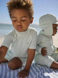 Next Striped Sunsafe Swimsuit and Hat Set (3mths-7yrs) Mint Green