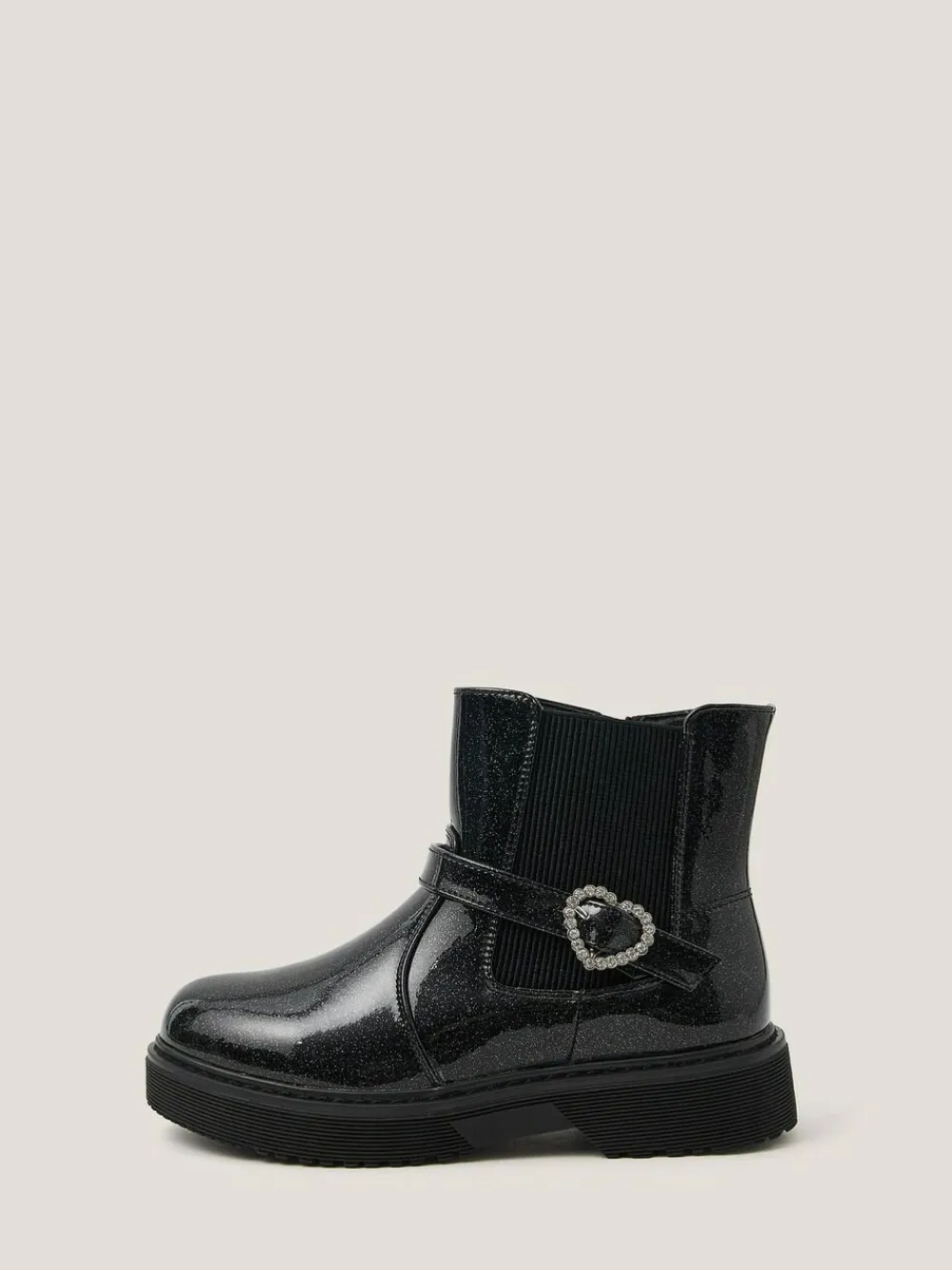 Hot Monsoon Black Heart Buckle Glitter Patent Boots