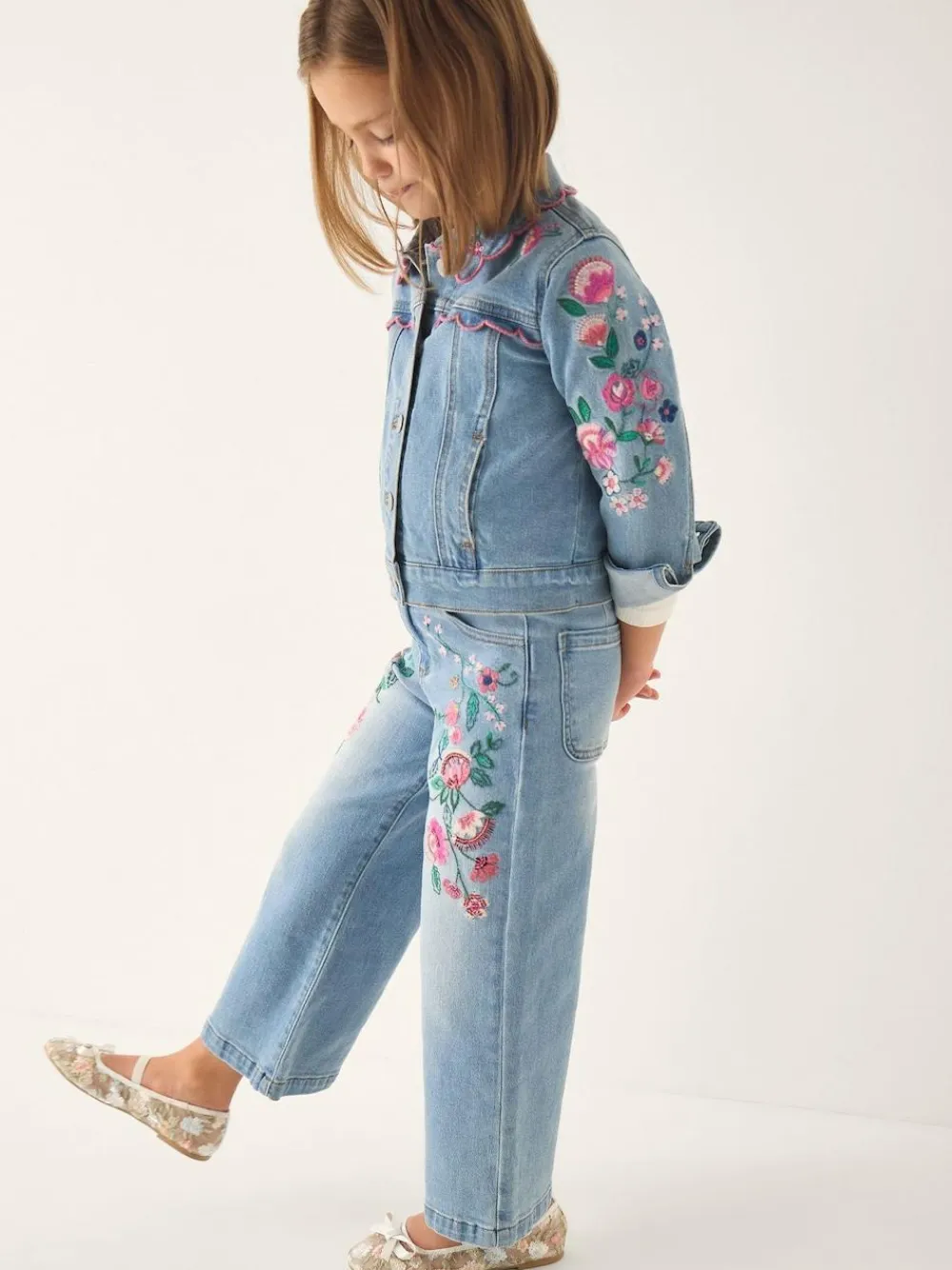 Sale Monsoon Blue Sequin Floral Embroidered Wide Leg Jeans