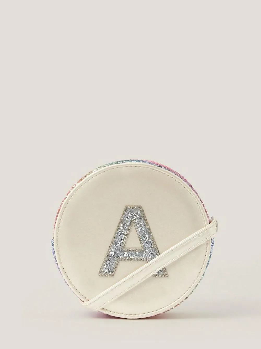 New Monsoon White Round Glittery Initial E Bag