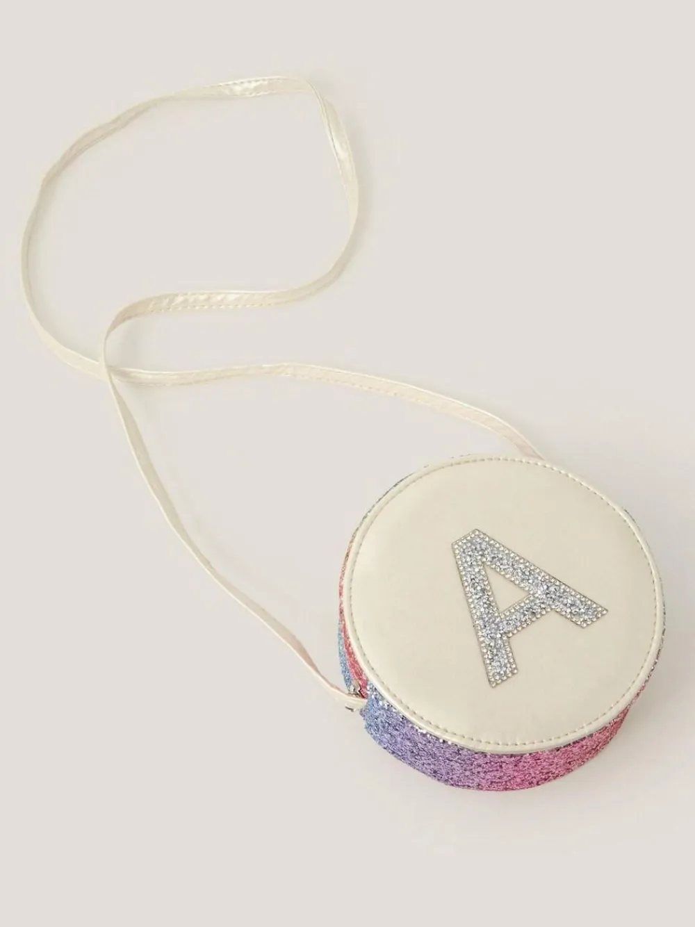 New Monsoon White Round Glittery Initial E Bag