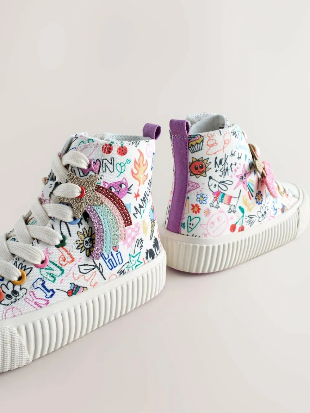 Next Multi Sketchy Print Standard Fit (F) Lace Up High Top Trainers^ Sneakers