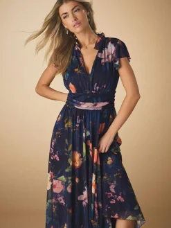 Next Pleated Mesh Print V-Neck Occasion Maxi Dress^Women Occasionwear|Occasion Dresses