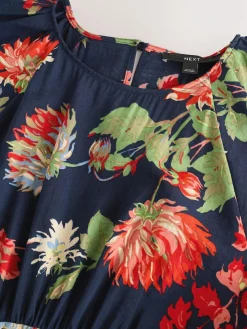 Best Next Print Puff Sleeve Midi Dress Navy Blue Floral
