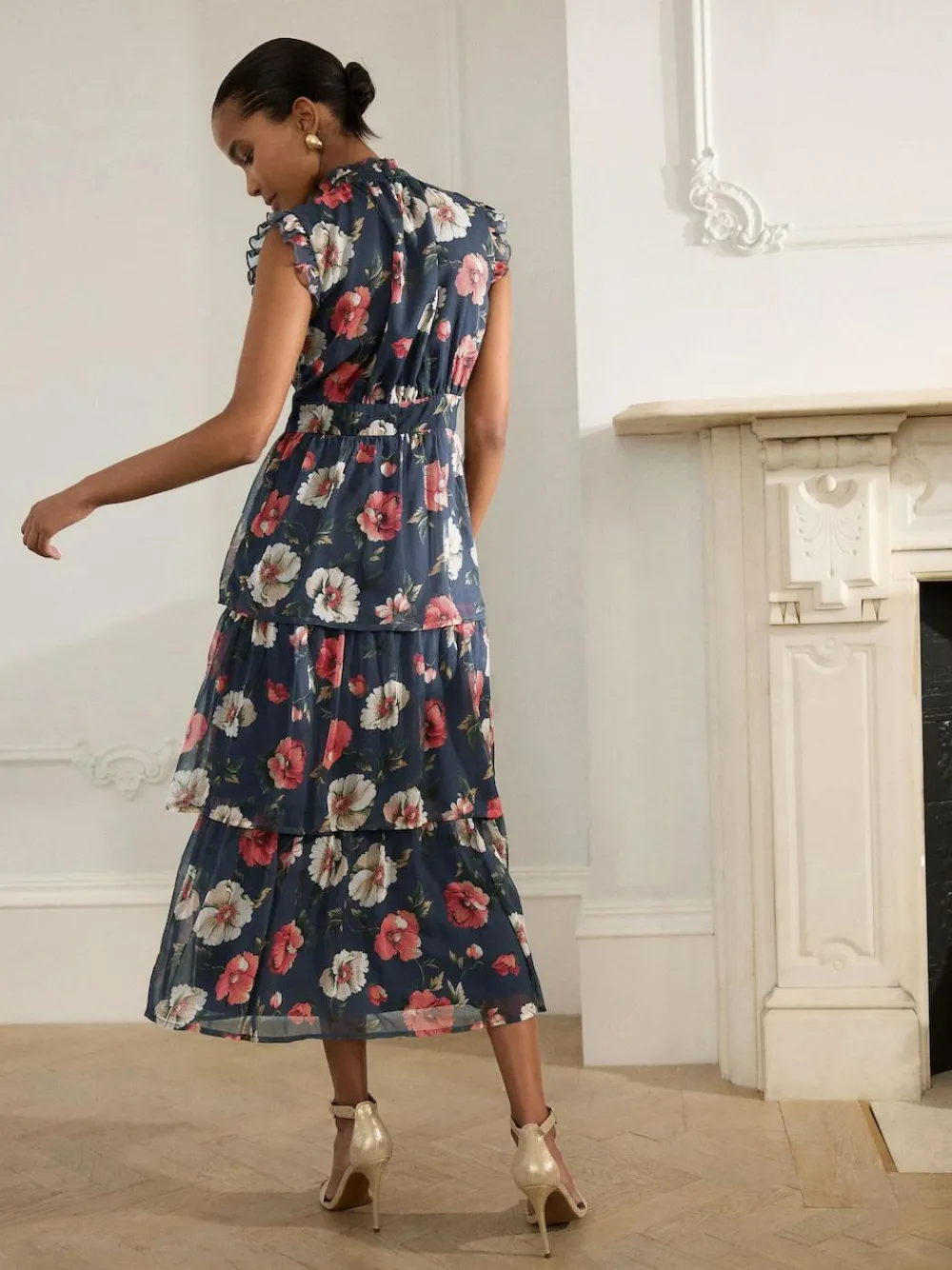 Discount Next Printed High Neck Tiered Occasion Maxi Dress Navy Blue Floral