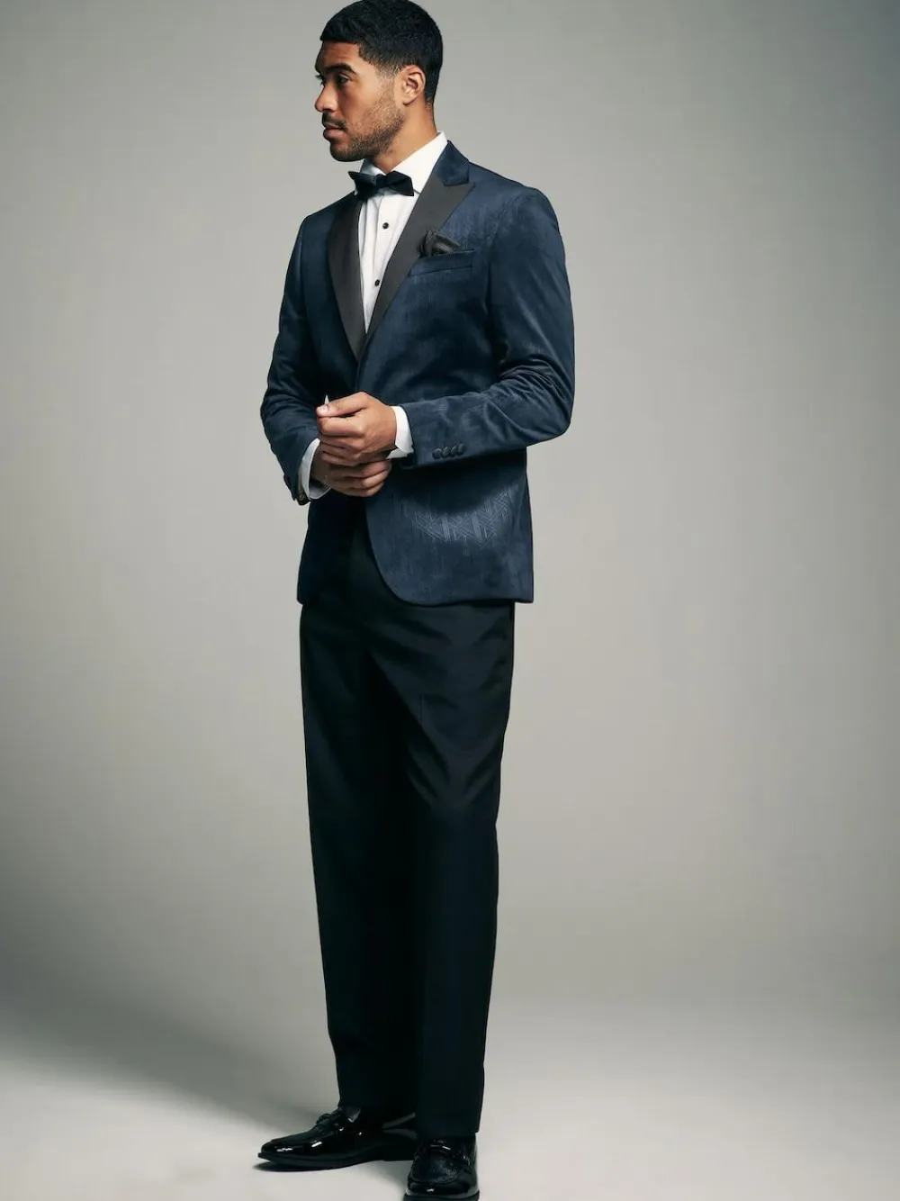 Online Next Slim Fit Patterned Velvet Blazer Navy Blue Geometric