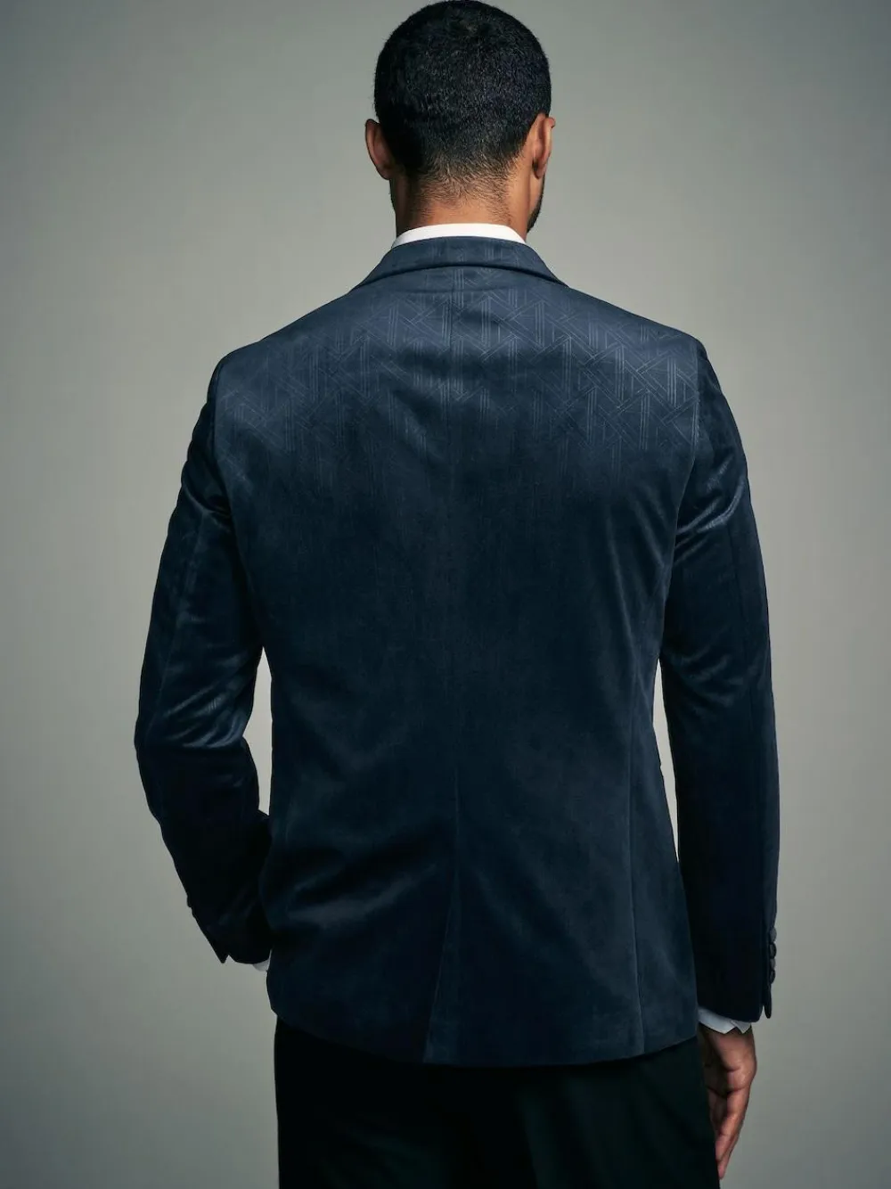 Online Next Slim Fit Patterned Velvet Blazer Navy Blue Geometric
