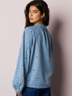 Hot Next Navy Blue Heart Heart Embroidered V-Neck Puff Sleeve Denim Blouse
