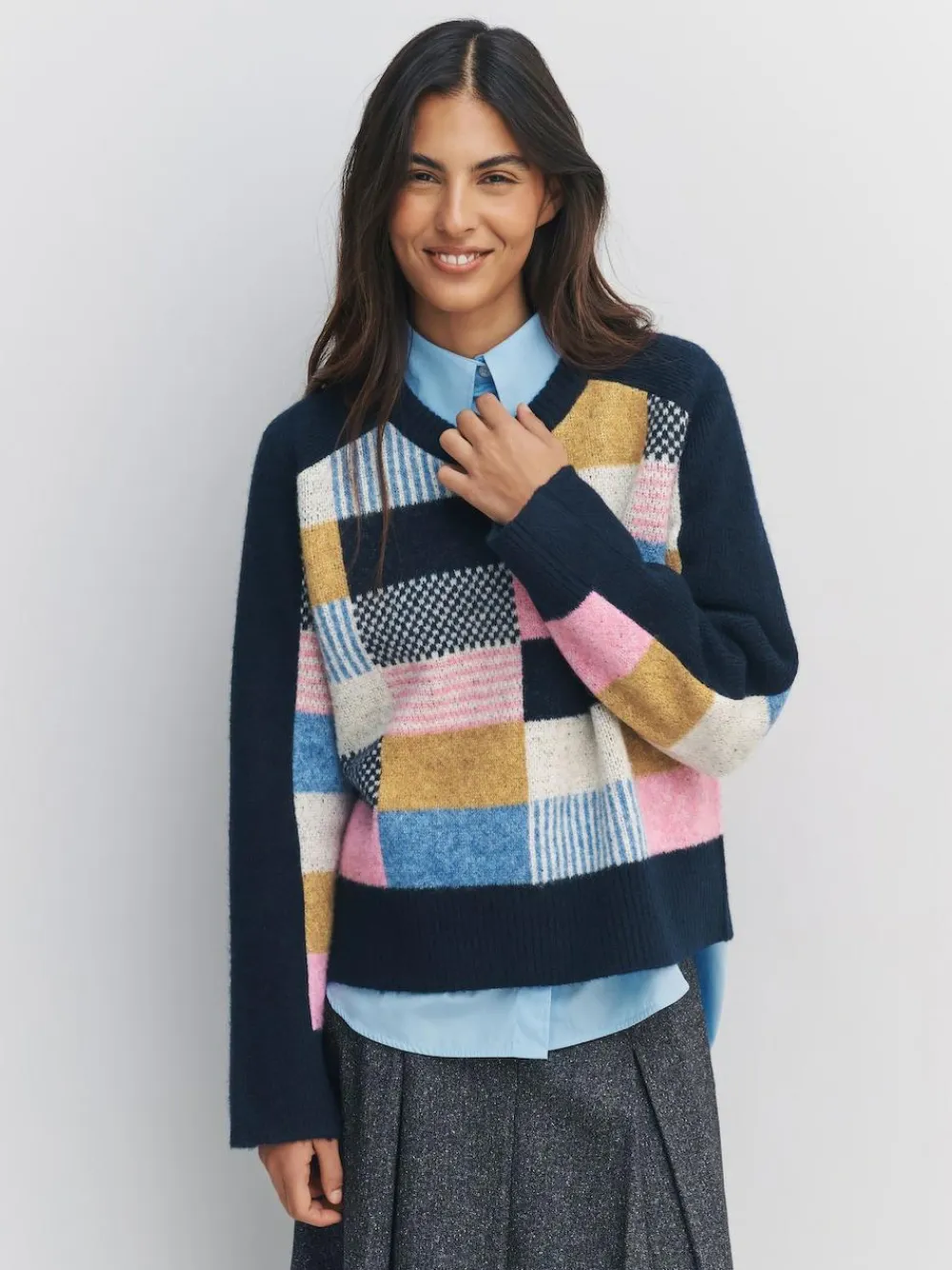 Next Navy Blue Multi Patched Crew Neck Knitted Jumper with Wool^Women Nightwear|Knitwear