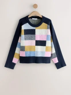 Next Navy Blue Multi Patched Crew Neck Knitted Jumper with Wool^Women Nightwear|Knitwear