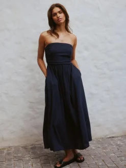 Next Ruched Bandeau Midi Dress with Linen^Women Midi Dresses