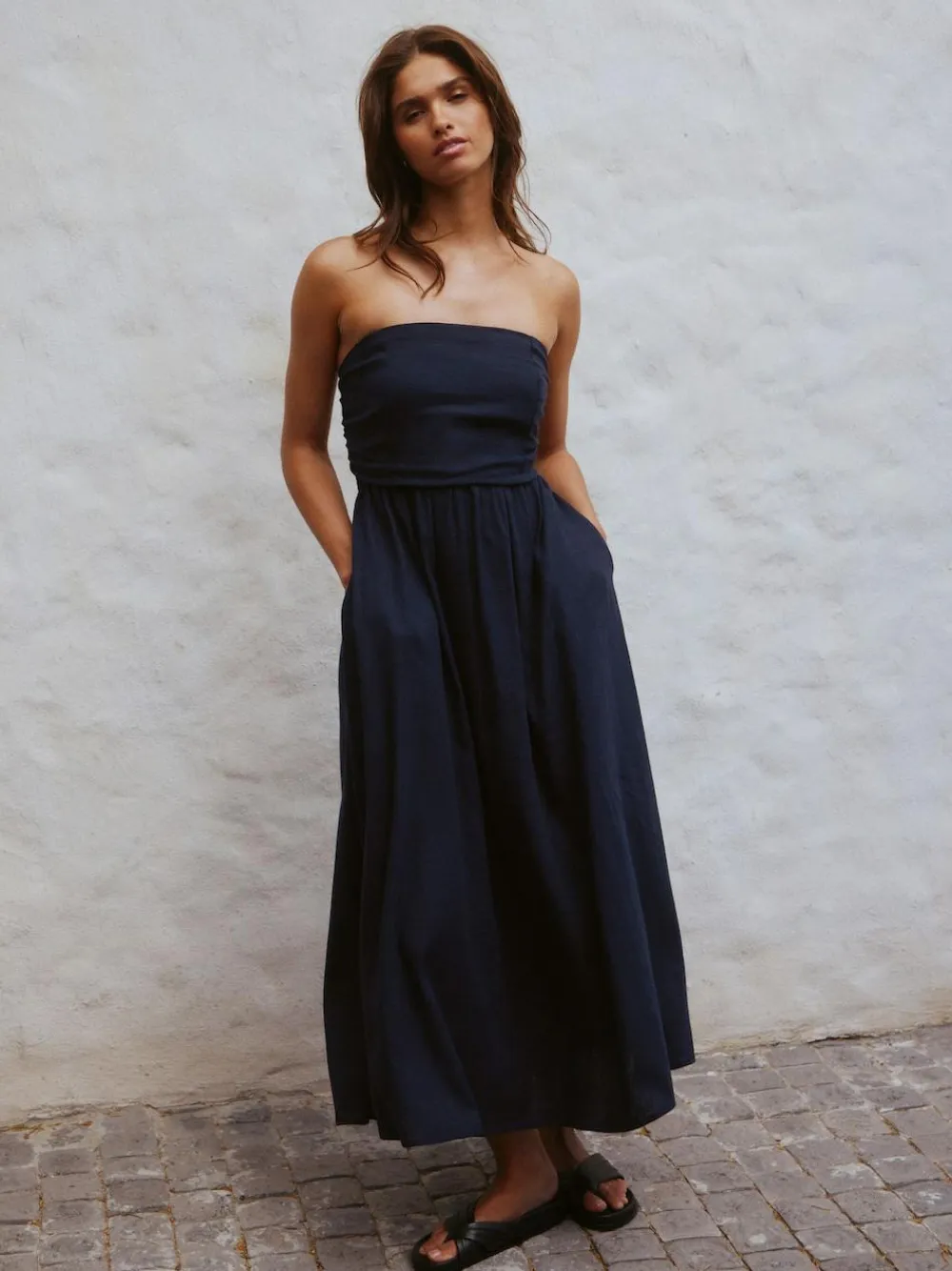 Next Ruched Bandeau Midi Dress with Linen^Women Midi Dresses
