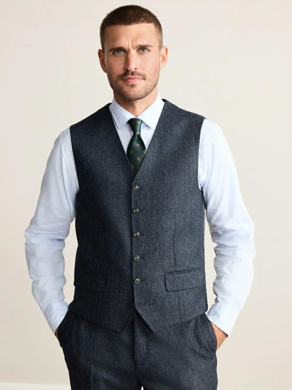 Discount Next Signature Abraham Moon 100% British Wool Donegal Suit Waistcoat Navy Blue