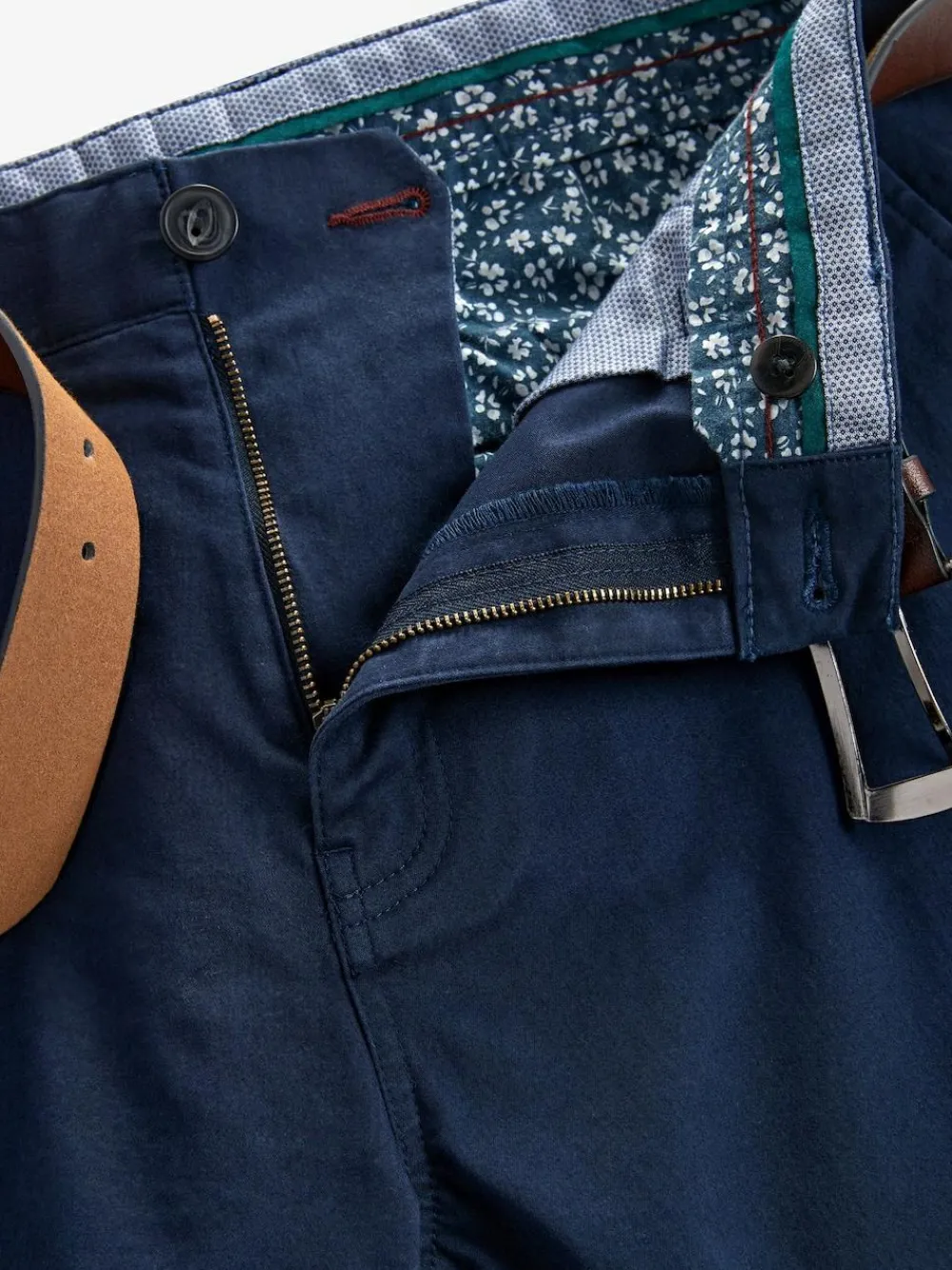 Next Slim Fit Belted Soft Touch Chino Trousers Navy Blue