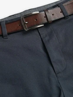 New Next Straight Fit Printed Belted Soft Touch Chino Trousers Navy Blue