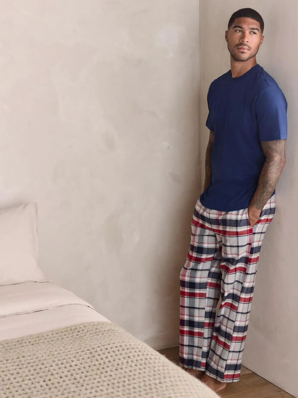 New Next Check Woven Short Sleeve Pyjamas Set Navy Blue/Grey