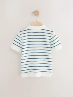Discount Next Button Neck Knitted 100% Cotton Polo Shirt (3mths-7yrs) Navy Blue/White