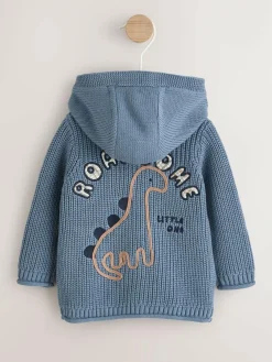 Next Navy Dinosaur Print Embroidered Baby Knitted Hooded Cardigan (0mths-2yrs)^BOY Knitwear|Knitwear