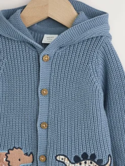 Next Navy Dinosaur Print Embroidered Baby Knitted Hooded Cardigan (0mths-2yrs)^BOY Knitwear|Knitwear