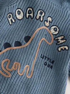 Next Navy Dinosaur Print Embroidered Baby Knitted Hooded Cardigan (0mths-2yrs)^BOY Knitwear|Knitwear