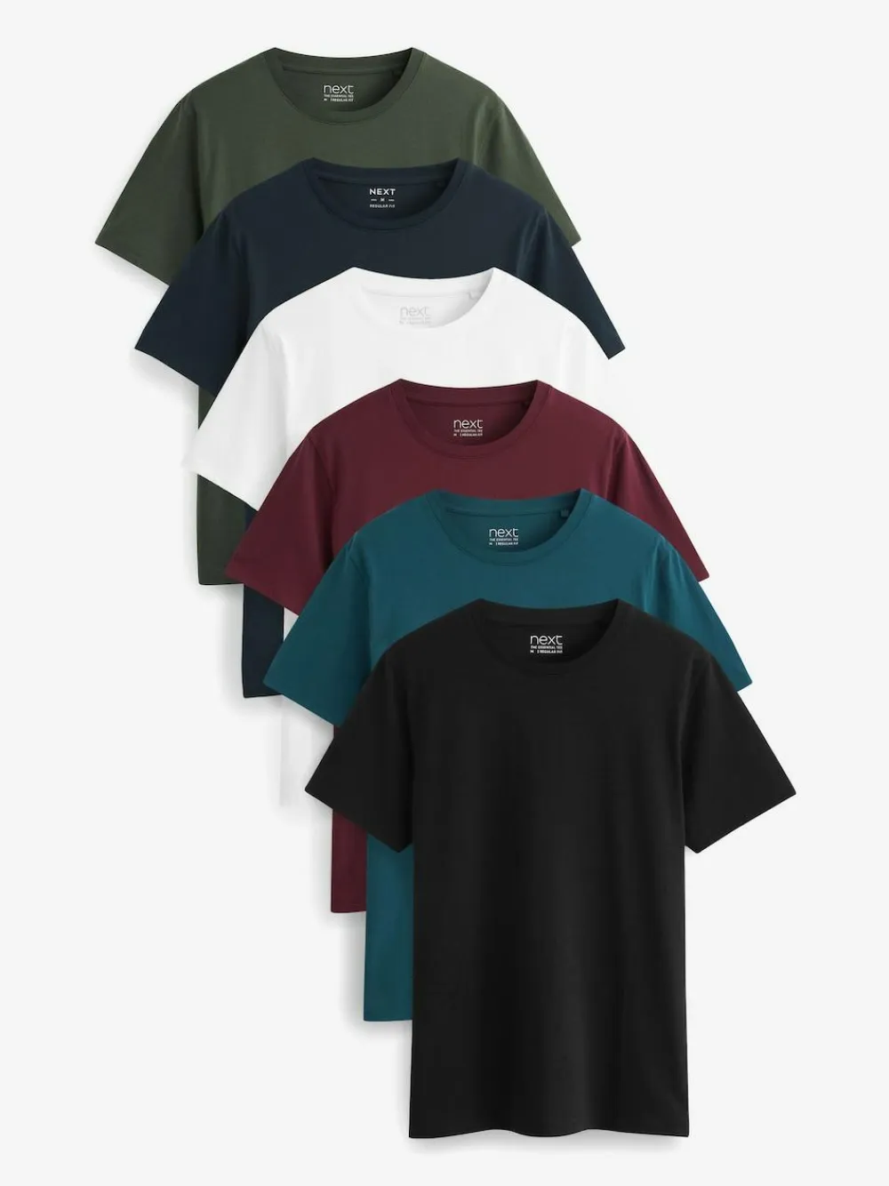 Next Navy/ Teal/ White/ Black/ Green/ Burgundy Regular Fit Essential Cotton T-Shirts 6 Pack^ Nightwear|Tops & T-Shirts