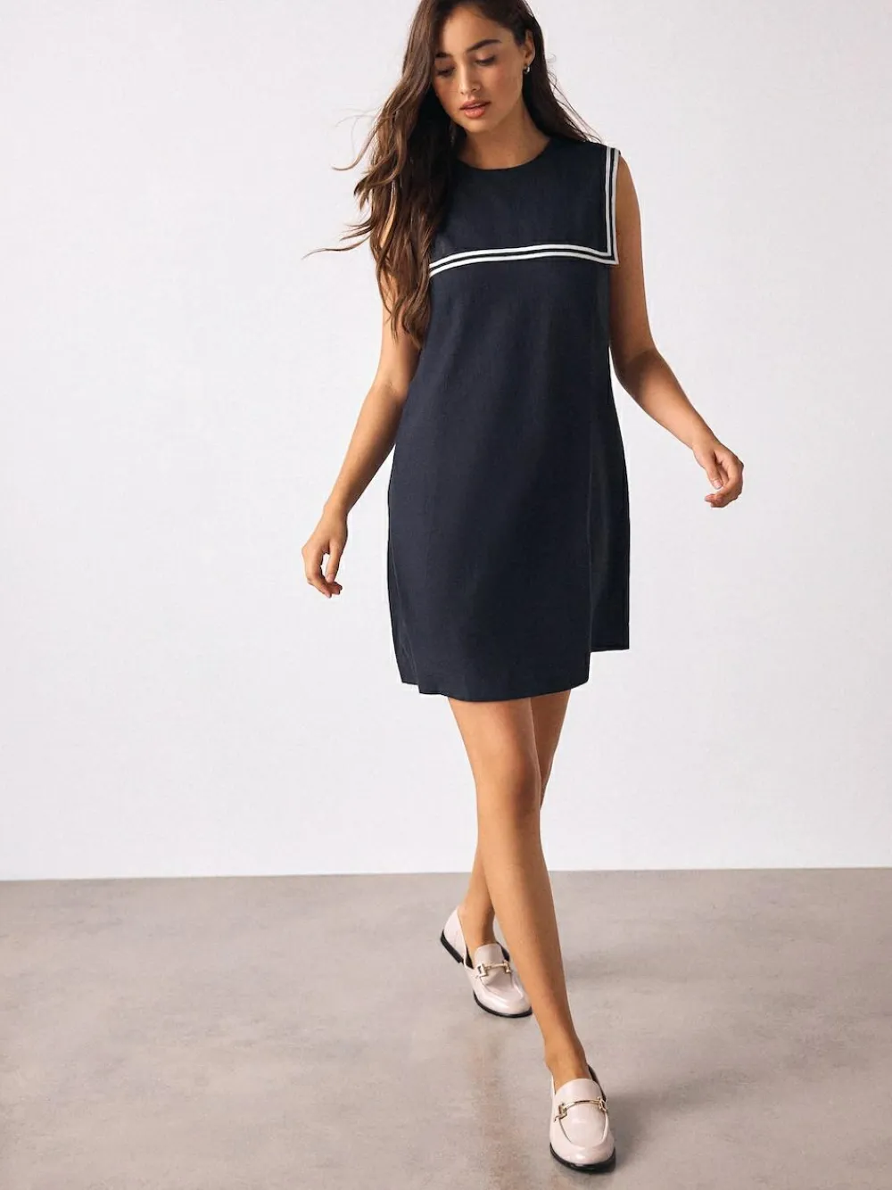 Next Navy with Ecru Tipping Sailor Collar Mini Dress with Linen^Women Dresses