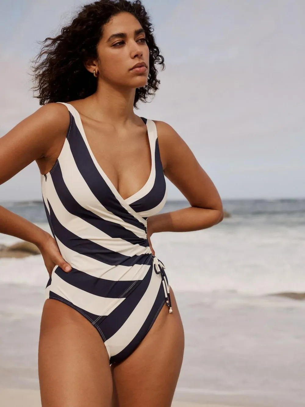 Discount Next Navy/Cream Ruched Side Tummy Shaping Control Swimsuit