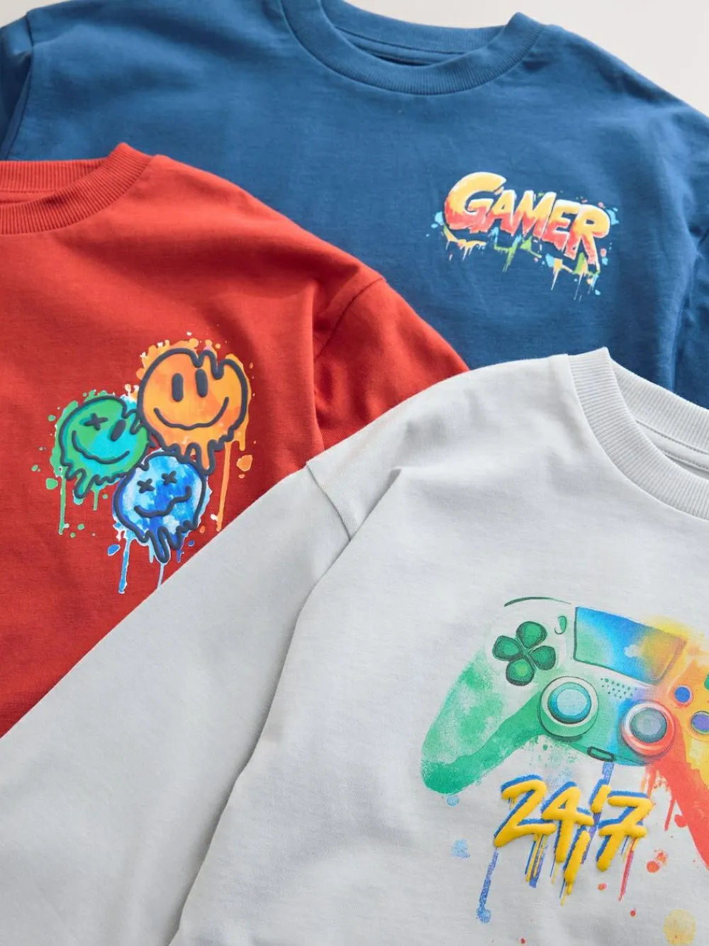 New Next Navy/Grey/Red Gamer Relaxed Fit Graphic Print Long Sleeve T-Shirts 3 Pack (3-16yrs)