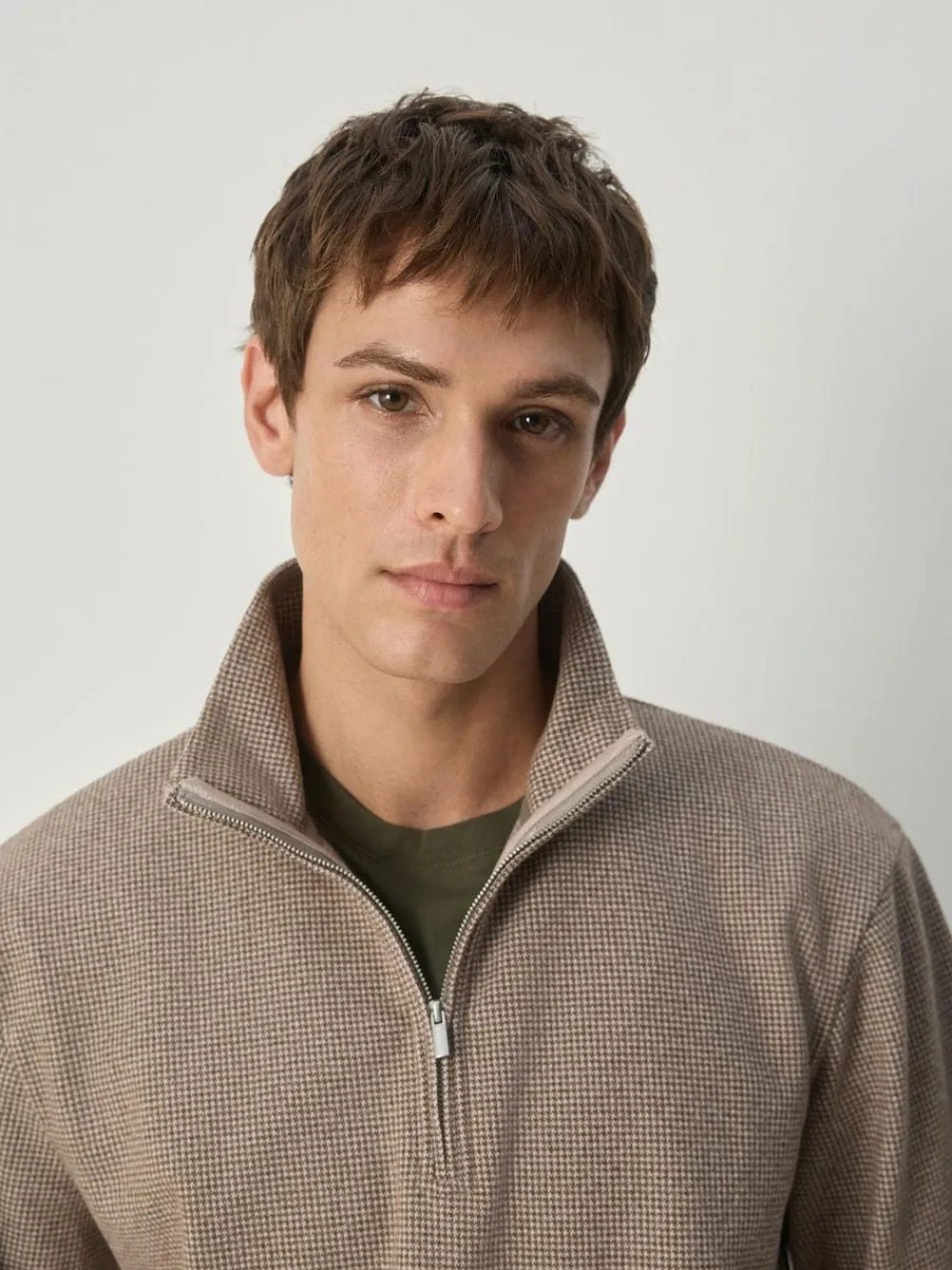 Next Long Sleeve Quarter Zip Jumper Neutral Brown Dogtooth