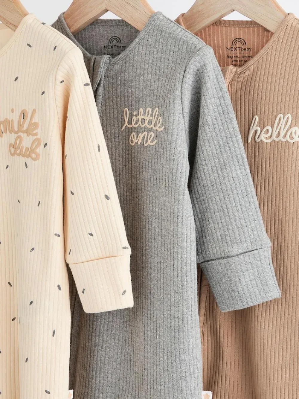 Discount Next Neutral Milk Club Baby Two Way Zip 100% Cotton Sleepsuits 3 Pack (0mths-2yrs)