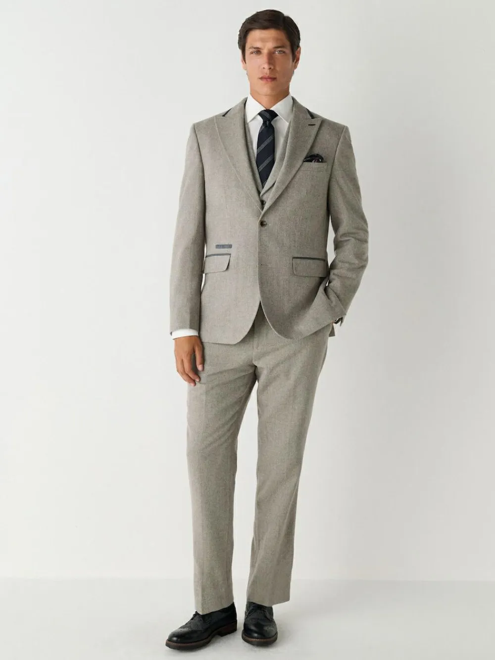 New Next Neutral Slim Fit Nova Fides Italian Wool Blend Trimmed Textured Suit Waistcoat