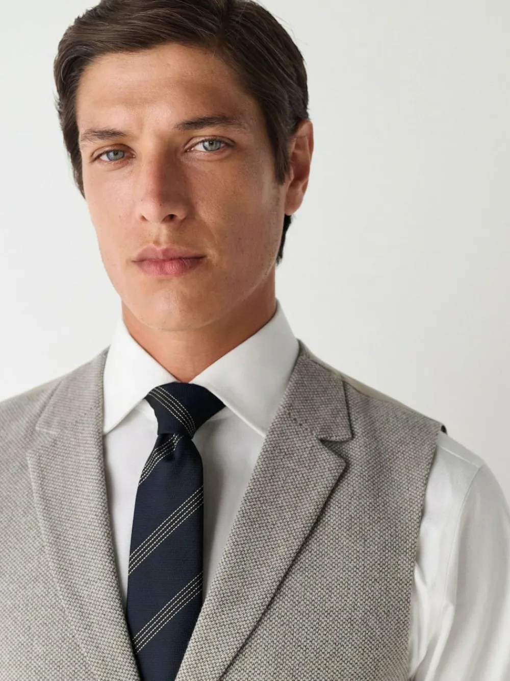 New Next Neutral Slim Fit Nova Fides Italian Wool Blend Trimmed Textured Suit Waistcoat