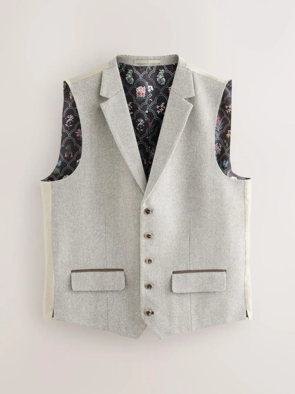 New Next Neutral Slim Fit Nova Fides Italian Wool Blend Trimmed Textured Suit Waistcoat