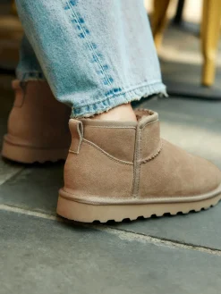 Best Next Extra Wide Fit Water Repellent Faux Fur Ankle Boots Neutral Taupe Suede