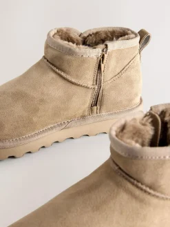 Best Next Extra Wide Fit Water Repellent Faux Fur Ankle Boots Neutral Taupe Suede