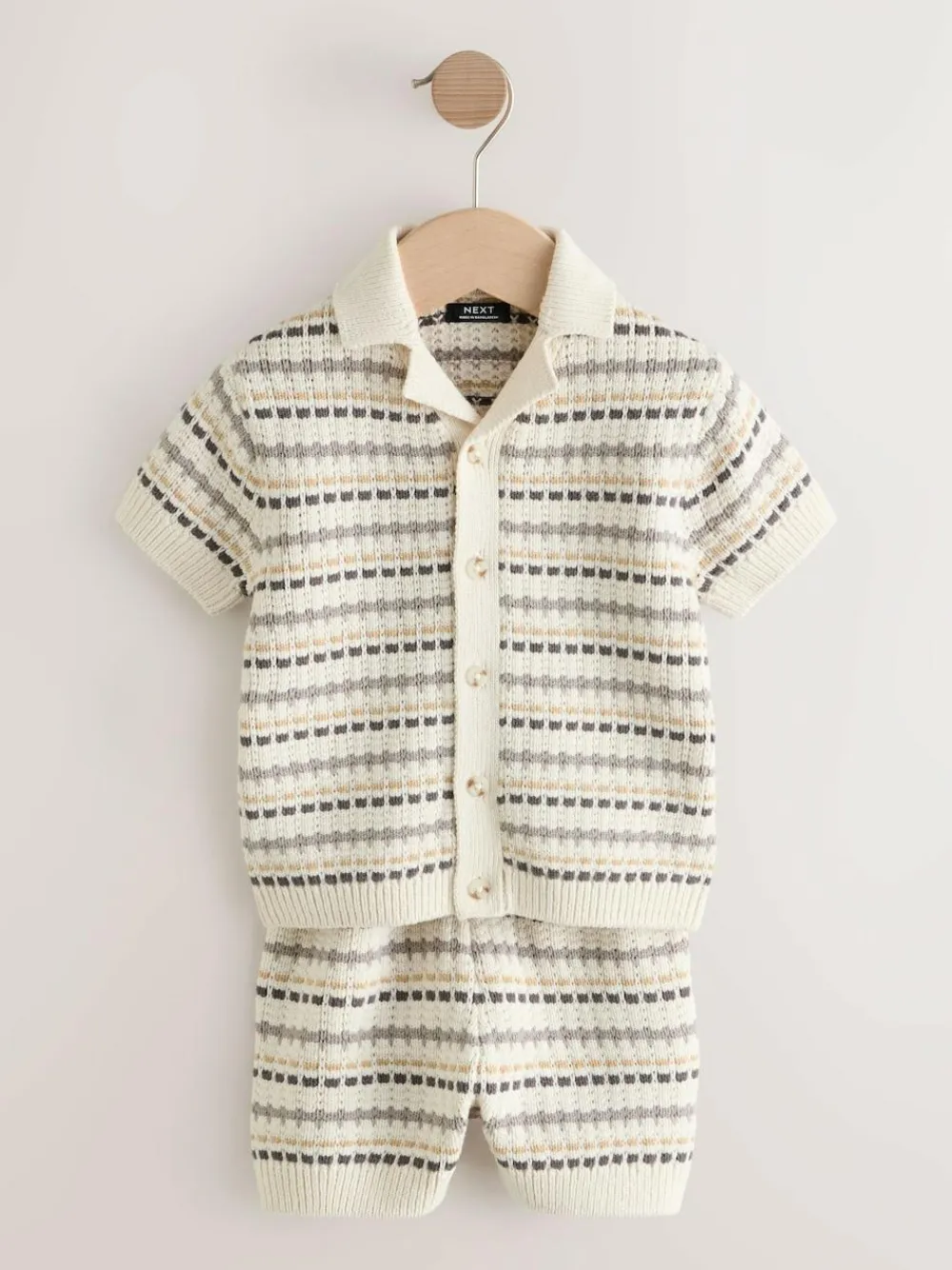 New Next Neutral Textured Revere Collar Knitted Polo Shirt and Shorts Set (3mths-10yrs)