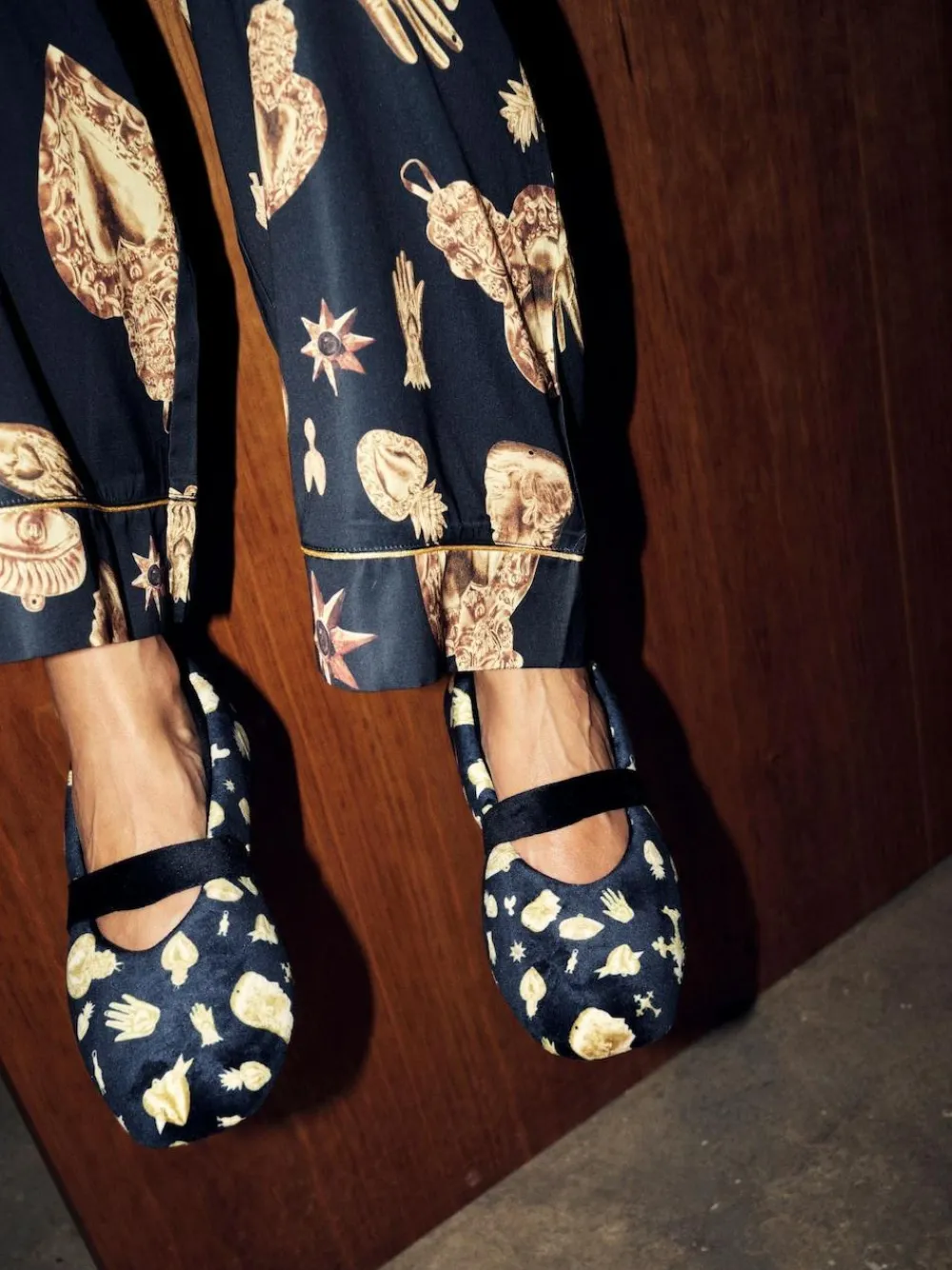 Never Fully Dressed Black/Gold Charm Velour Mary Jane Slippers^Women Slippers