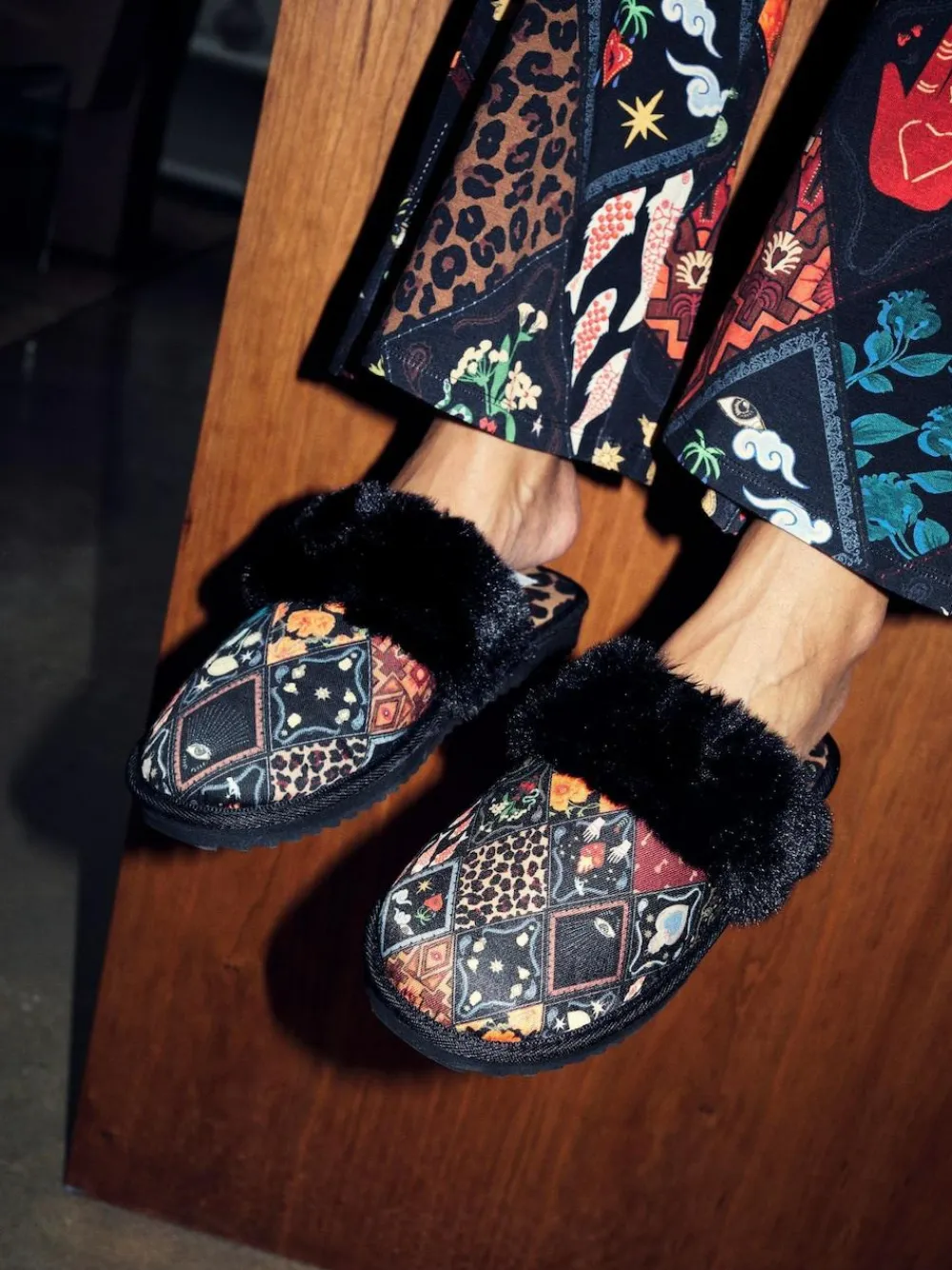 Never Fully Dressed Multi Black Quilted Faux Fur Lined Mule Slippers^Women Slippers